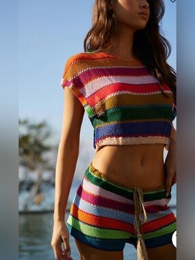 PQ Calypso Bree Striped Multicolor Crochet set  Crop Top and shorts